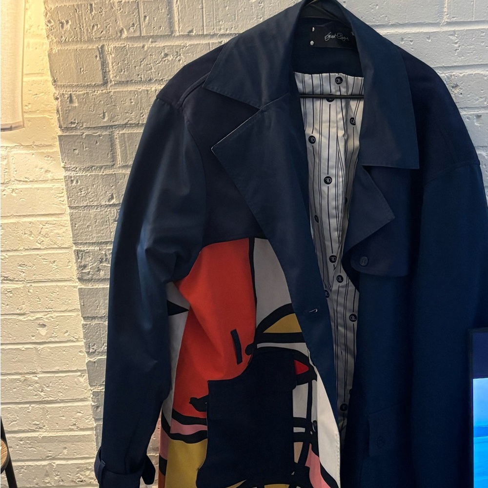 Men's Navy Trench Coat with Colorblock Graphic Panels
